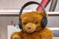 Toy teddy bear with headphones on a neutral background in a room. Concept: Listening to music. Royalty Free Stock Photo