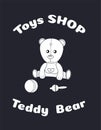 Toy teddy bear in overalls with a ball and rattle. Silhouette sticker.window dressing of play areas, cutting on a plotter.