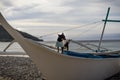 Toy Terrier dog on a Philippine boat on the beach of Mindoro Island. Royalty Free Stock Photo