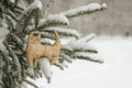Toy tiger, cat, symbol of the eastern horoscope 2022, against the background of a snowy Christmas tree. Snowing. Blurred winter