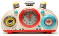 A Toy Time Machine with Dials and Flashing Lights Isolated -Generative Ai
