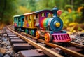 Toy train: colorful toy model of steam locomotive rides on the rails through the forest Royalty Free Stock Photo