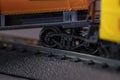 Toy train derailed, close-up. Concept: train wreck, train crash and accident. Royalty Free Stock Photo