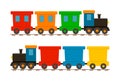 Toy train for kid. Cartoon child locomotive with wagons. Icon of cute train on railway. Isolated set on white background for