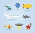 Airliner, plane, helicopter, blimp, fighter bomber, UFO, Space rocket. Royalty Free Stock Photo