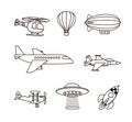 Set of plane, helicopter, air balloon and other flying vehicles. Royalty Free Stock Photo
