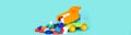 Toy truck throws off plastic caps, concept separate garbage and waste recycling, banner of blue background and copyspace