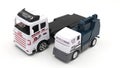 Toy truck with trailer and car telescopic lift on white background.