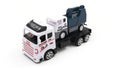 Toy truck with trailer transports telescopic lift on white background.