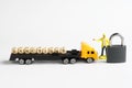 Toy truck with a trailer and word sanction stopped next to a man with a ban and a padlock. White background. Concept of trade Royalty Free Stock Photo
