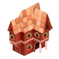 Toy two-storey house of red color. Gingerbread house isolated on white background. Vector cartoon close-up illustration. Royalty Free Stock Photo