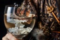 toy viking longship in a glass of icewine, with a person dressed in medieval attire