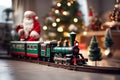 toy vintage steam locomotive on the floor under a decorated Christmas tree against the backdrop of a garland of bokeh lights Royalty Free Stock Photo