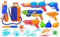 Toy water guns to play, fun pistol and baloons, game spray isolated on white set of cartoon vector illustration.