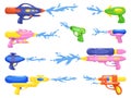 Toy water weapons. Plastic pistols and gun with shooting jets of liquid, kids color game equipment, thai songkran Royalty Free Stock Photo