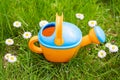 Toy watering can on the background of daisies Royalty Free Stock Photo