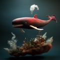 A toy whale made of fabric in the underwater world surrounded by sunken ships.