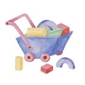 Toy wheelbarrow with multicolored building blocks. Construction playthings in wooden cart watercolor illustration for Royalty Free Stock Photo