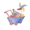 Toy wheelbarrow, stacking rings tower and pinwheel. Retro wind fan, wooden cart and pyramid puzzle watercolor