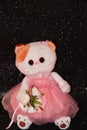 Toy white cat on a black background in a pink dress Royalty Free Stock Photo