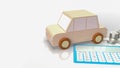 The toy wood car and blue calculator on white background  3d rendering Royalty Free Stock Photo