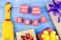 Toy yellow shrilling chicken, Present gift box and Happy new yea Royalty Free Stock Photo