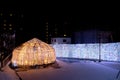 Toya Lake, Hokkaido Japan - November 17, 2019: Beautiful led light bulb tunnel of winter snow festival light up at dusk