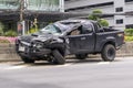 Toyota Hilux 4x4 damaged in accident. The wreckage of the car was abandoned by roadside Royalty Free Stock Photo