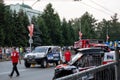 Toyota Land Cruiser Prado and other rally cars parked on the square during Silk way rally Royalty Free Stock Photo