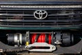 toyota landcruiser grill with mascot and winch. true off-road vehicle Royalty Free Stock Photo