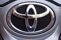 Toyota logo brand symbol. Close up of Toyota emblem on a car. Toyota Motor Corporation is a Japanese automotive manufacturer Royalty Free Stock Photo