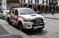 Toyota Police Rescue Vehicle in Plaza Mayor de Cusco (Cusco Main Square). Cusco, Peru, October 7, 2023.