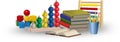 Toys, abacus, books and pencils. Educational tools and concept