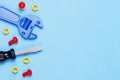 Toys background. Toy tools on blue background. Top view Royalty Free Stock Photo