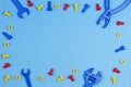 Kids Toys Top View. Colorful Toy Tools on Blue Background Royalty Free Stock Photo