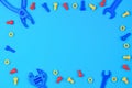 Kids Toys Top View. Colorful Toy Tools on Blue Background Royalty Free Stock Photo