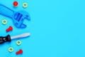 Toys background. Toy tools on blue background. Top view Royalty Free Stock Photo