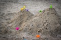 Toys on the beach with blurred background.