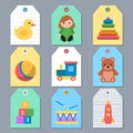 Toys cards. tags with children toys ball doll teddy bear. Vector designs templates