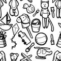 Toys for children of different ages. Seamless pattern.Outline hand drawn sketch. Drawing with ink. Isolated on white Royalty Free Stock Photo