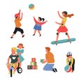 Toys and children playing games, bicycle and skateboard, ball and cubes Royalty Free Stock Photo