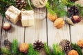 Toys for the Christmas tree and pine cones on old wooden background new Year Royalty Free Stock Photo