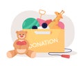 Toys donation box 2D vector isolated illustration