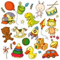 Toys doodles. Funny children toys object sketches Royalty Free Stock Photo