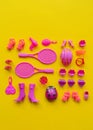 Toys for girls. Flat lay Pink toys on a yellow background. Royalty Free Stock Photo