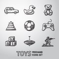 Toys hand drawn icons set with - car, duck, bear Royalty Free Stock Photo