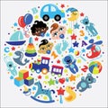 Toys icons for baby boy in form of circle Royalty Free Stock Photo