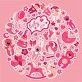 Toys Icons For Baby Girl In Circle.Pink Colors