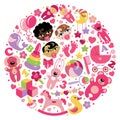 Toys Icons For Baby Girl In Circle