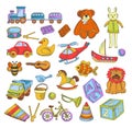 Toys isolated icons, kindergarten childish games, train and bear